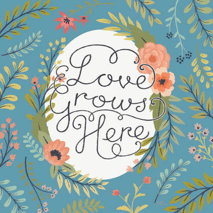 Retro Garden II - Love Grows Here Blue by Janelle Penner. SKU 47196a. Archival Giclee Fine art print for wall decor.