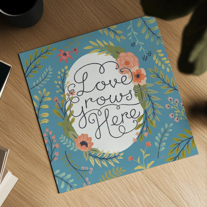 Retro Garden II - Love Grows Here Blue by Janelle Penner. Shown as a detailed flat fine art print, highlighting archival giclee quality. Available as an archival giclee rolled canvas, fine art paper, or poster print. SKU 47196a.