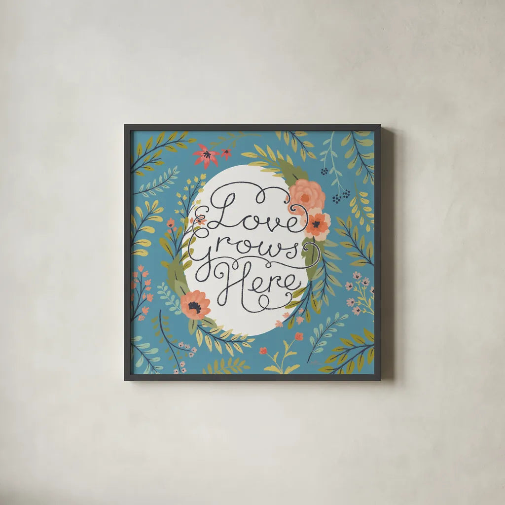 Retro Garden II - Love Grows Here Blue by Janelle Penner. Shown in a sleek black glass frame for a contemporary gallery look. Available as an archival giclee rolled canvas, fine art paper, or poster print. SKU 47196a.