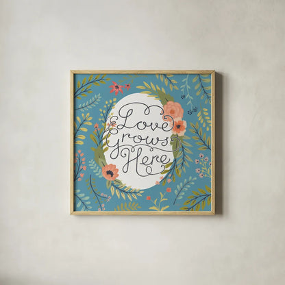 Retro Garden II - Love Grows Here Blue by Janelle Penner. Shown in a natural wood glass frame for a timeless modern aesthetic. Available as an archival giclee rolled canvas, fine art paper, or poster print. SKU 47196a.