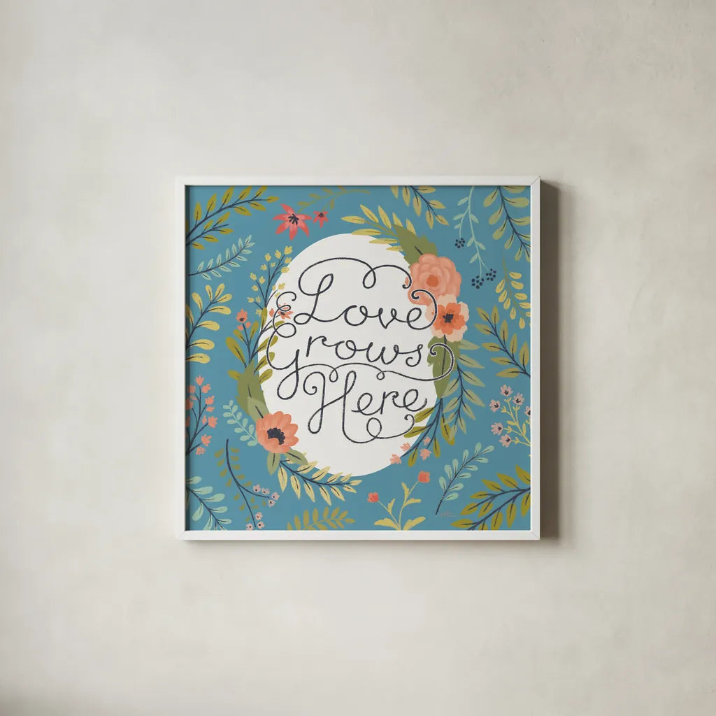 Retro Garden II - Love Grows Here Blue by Janelle Penner. Shown in a crisp white glass frame for a clean and minimalist style. Available as an archival giclee rolled canvas, fine art paper, or poster print. SKU 47196a.