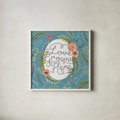 Retro Garden II - Love Grows Here Blue by Janelle Penner. Shown in a crisp white glass frame for a clean and minimalist style. Available as an archival giclee rolled canvas, fine art paper, or poster print. SKU 47196a.