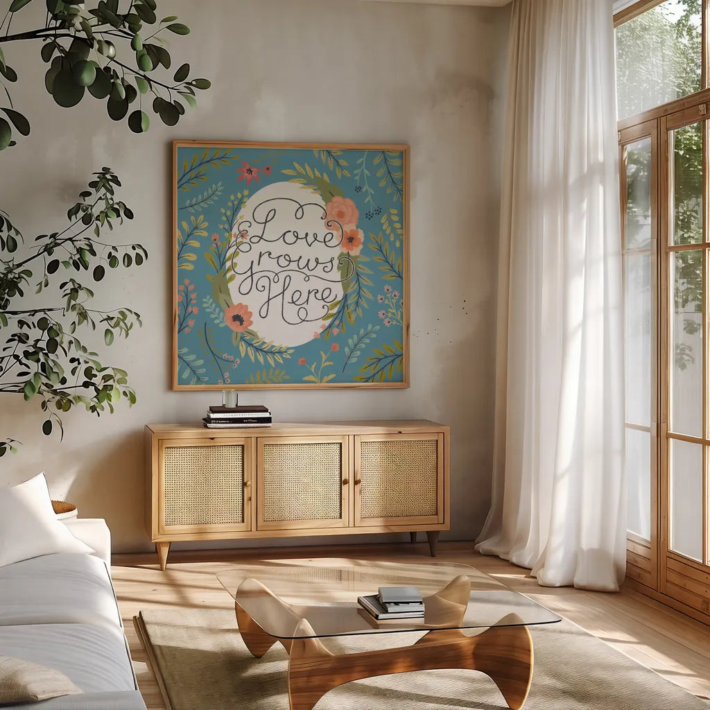 Retro Garden II - Love Grows Here Blue by Janelle Penner. Shown in a natural wood frame in a cozy modern living room. Available as an archival giclee rolled canvas, fine art paper, or poster print. SKU 47196a.