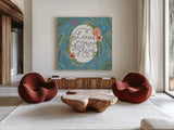 Retro Garden II - Love Grows Here Blue by Janelle Penner. Shown as extra-large giant wall art in a modern living room. Available as an archival giclee rolled canvas, fine art paper, or poster print. SKU 47196a.