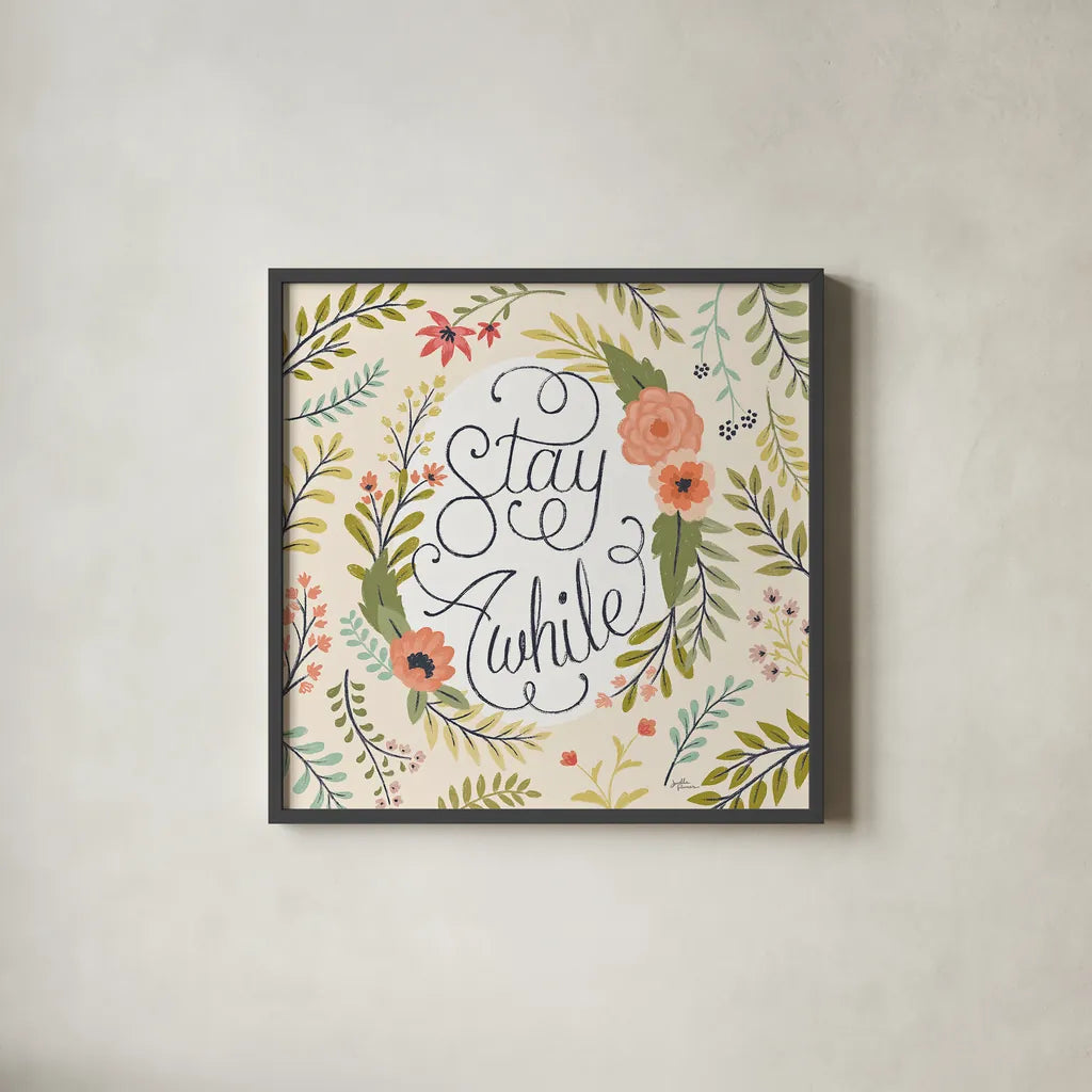 Retro Garden II by Janelle Penner. Shown in a sleek black glass frame for a contemporary gallery look. Available as an archival giclee rolled canvas, fine art paper, or poster print. SKU 34950a.