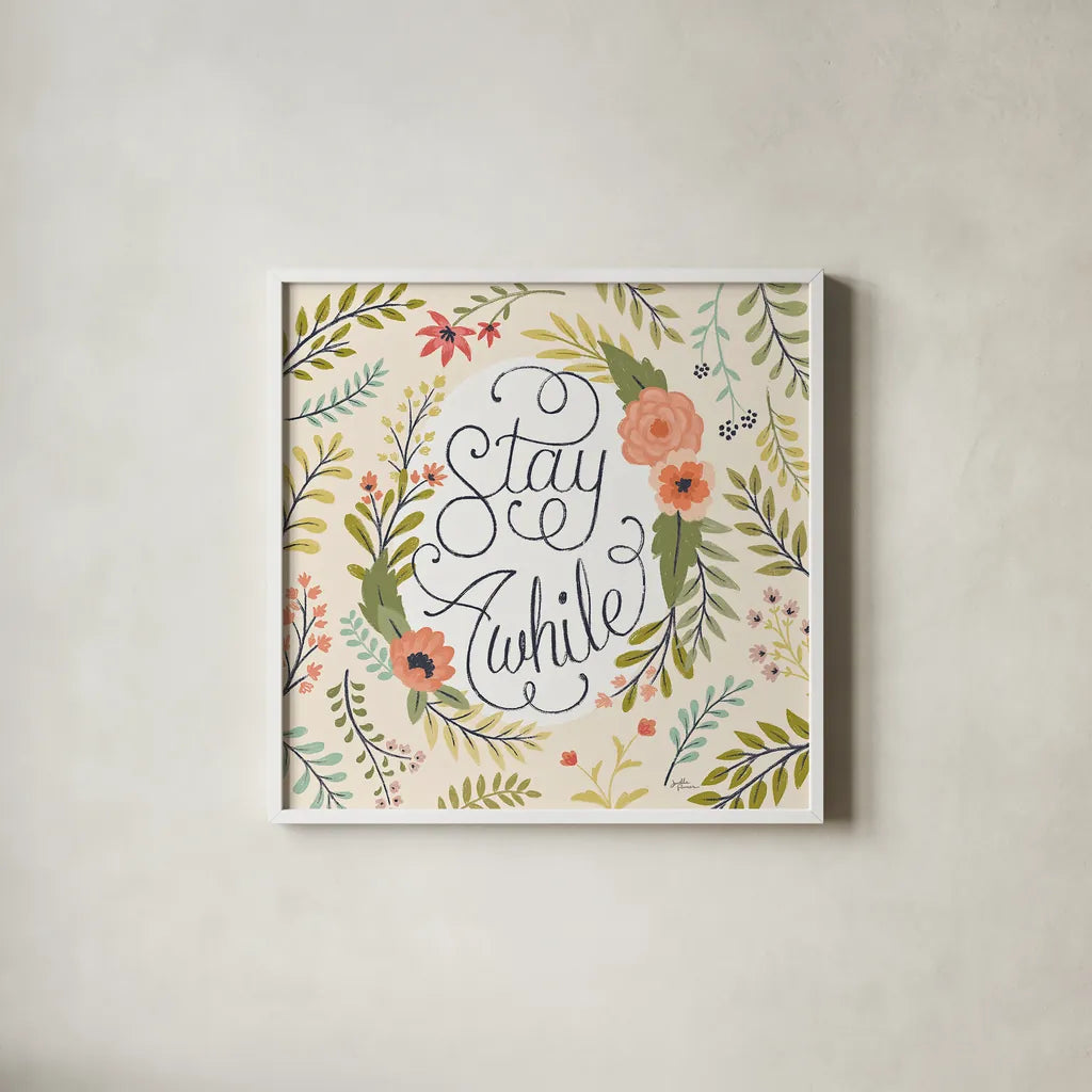 Retro Garden II by Janelle Penner. Shown in a crisp white glass frame for a clean and minimalist style. Available as an archival giclee rolled canvas, fine art paper, or poster print. SKU 34950a.