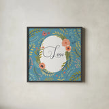 Retro Garden II Blue Love by Janelle Penner. Shown in a sleek black glass frame for a contemporary gallery look. Available as an archival giclee rolled canvas, fine art paper, or poster print. SKU 51576a.