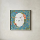 Retro Garden II Blue Love by Janelle Penner. Shown in a natural wood glass frame for a timeless modern aesthetic. Available as an archival giclee rolled canvas, fine art paper, or poster print. SKU 51576a.