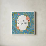 Retro Garden II Blue Love by Janelle Penner. Shown in a crisp white glass frame for a clean and minimalist style. Available as an archival giclee rolled canvas, fine art paper, or poster print. SKU 51576a.