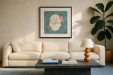 Retro Garden II Blue Love by Janelle Penner. Displayed in a glass frame with matte in a clean modern living room. Available as an archival giclee rolled canvas, fine art paper, or poster print. SKU 51576a.