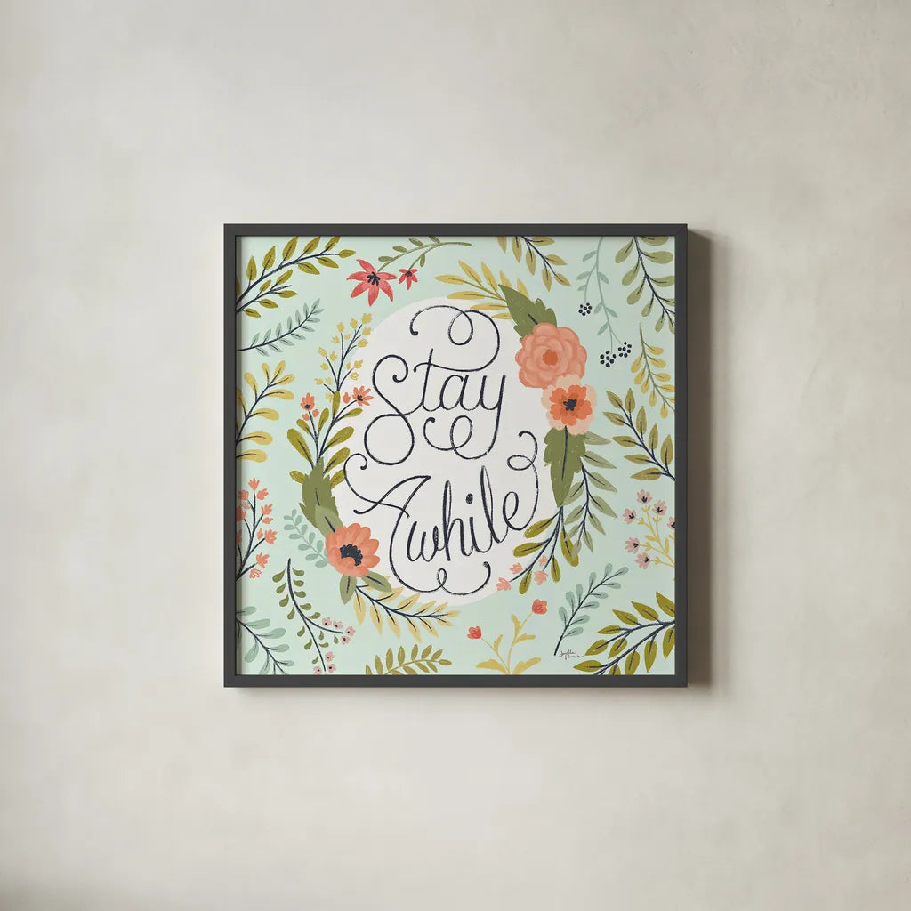 Retro Garden II Mint by Janelle Penner. Shown in a sleek black glass frame for a contemporary gallery look. Available as an archival giclee rolled canvas, fine art paper, or poster print. SKU 34955a.