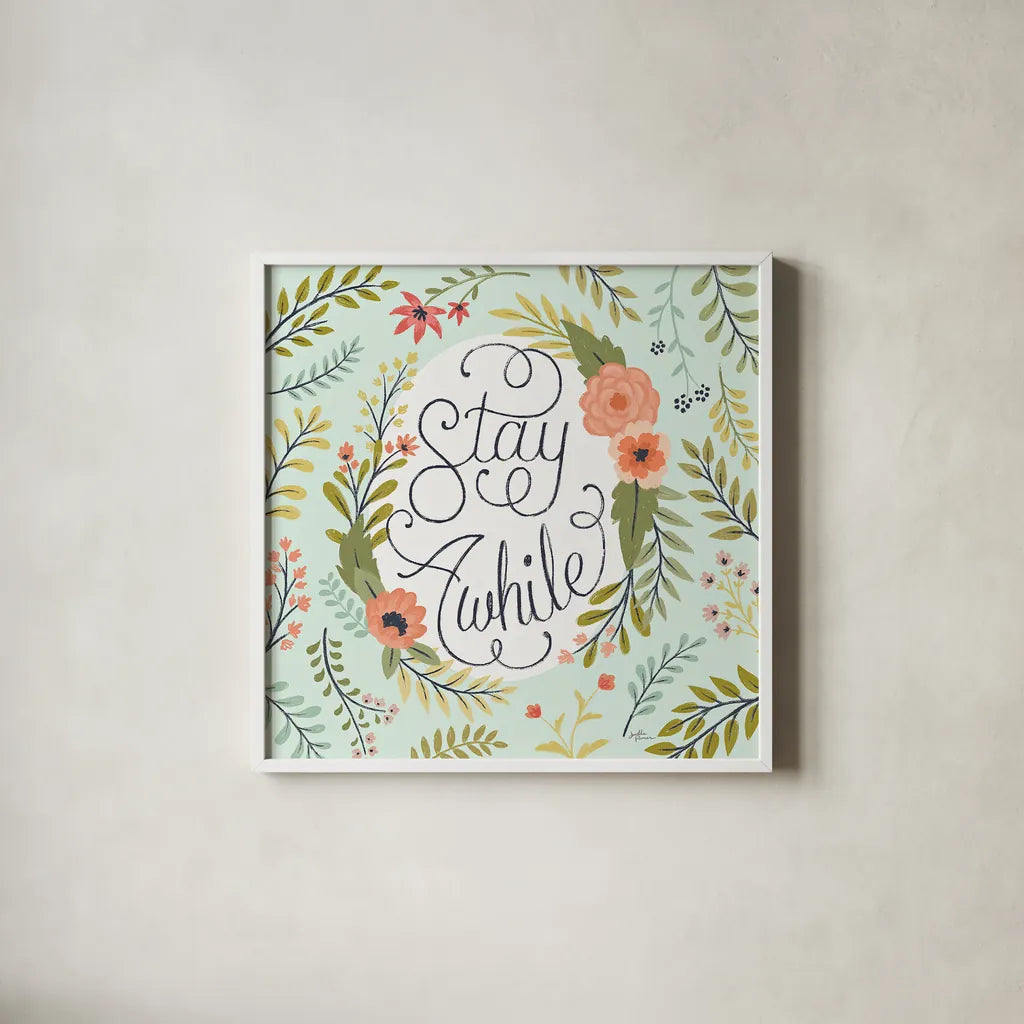 Retro Garden II Mint by Janelle Penner. Shown in a crisp white glass frame for a clean and minimalist style. Available as an archival giclee rolled canvas, fine art paper, or poster print. SKU 34955a.