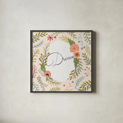 Retro Garden II Pale Blush Dream by Janelle Penner. Shown in a sleek black glass frame for a contemporary gallery look. Available as an archival giclee rolled canvas, fine art paper, or poster print. SKU 51575a.