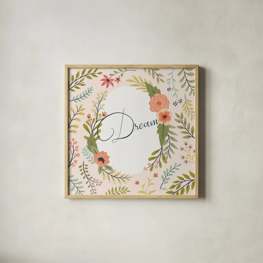 Retro Garden II Pale Blush Dream by Janelle Penner. Shown in a natural wood glass frame for a timeless modern aesthetic. Available as an archival giclee rolled canvas, fine art paper, or poster print. SKU 51575a.