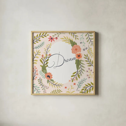 Retro Garden II Pale Blush Dream by Janelle Penner. Shown in a natural wood glass frame for a timeless modern aesthetic. Available as an archival giclee rolled canvas, fine art paper, or poster print. SKU 51575a.