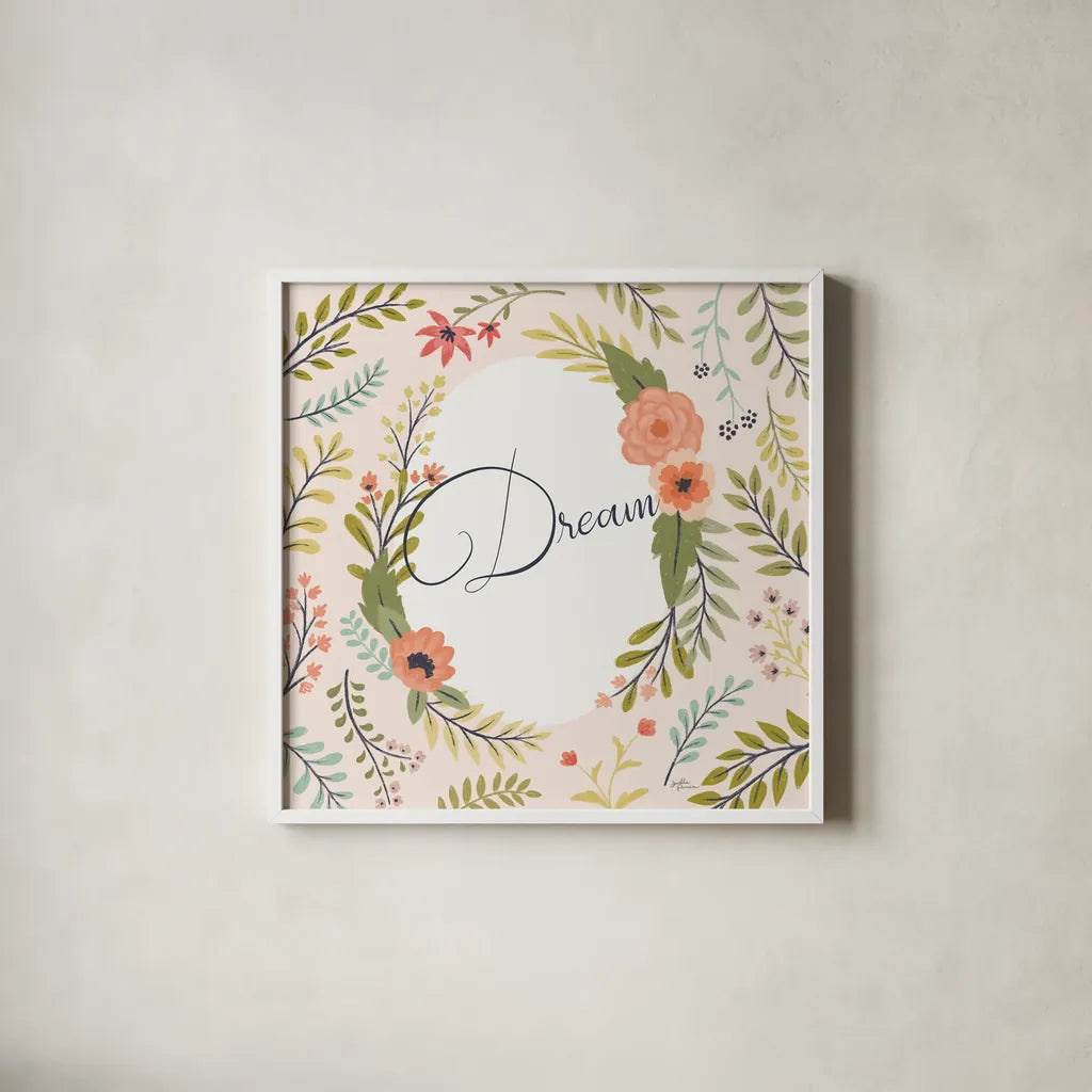 Retro Garden II Pale Blush Dream by Janelle Penner. Shown in a crisp white glass frame for a clean and minimalist style. Available as an archival giclee rolled canvas, fine art paper, or poster print. SKU 51575a.