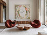 Retro Garden II Pale Blush Dream by Janelle Penner. Shown as extra-large giant wall art in a modern living room. Available as an archival giclee rolled canvas, fine art paper, or poster print. SKU 51575a.