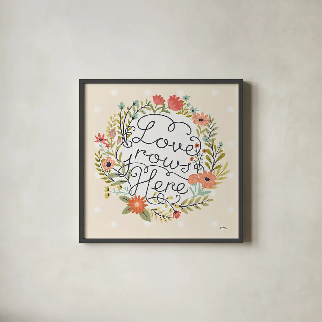 Retro Garden III by Janelle Penner. Shown in a sleek black glass frame for a contemporary gallery look. Available as an archival giclee rolled canvas, fine art paper, or poster print. SKU 34951a.