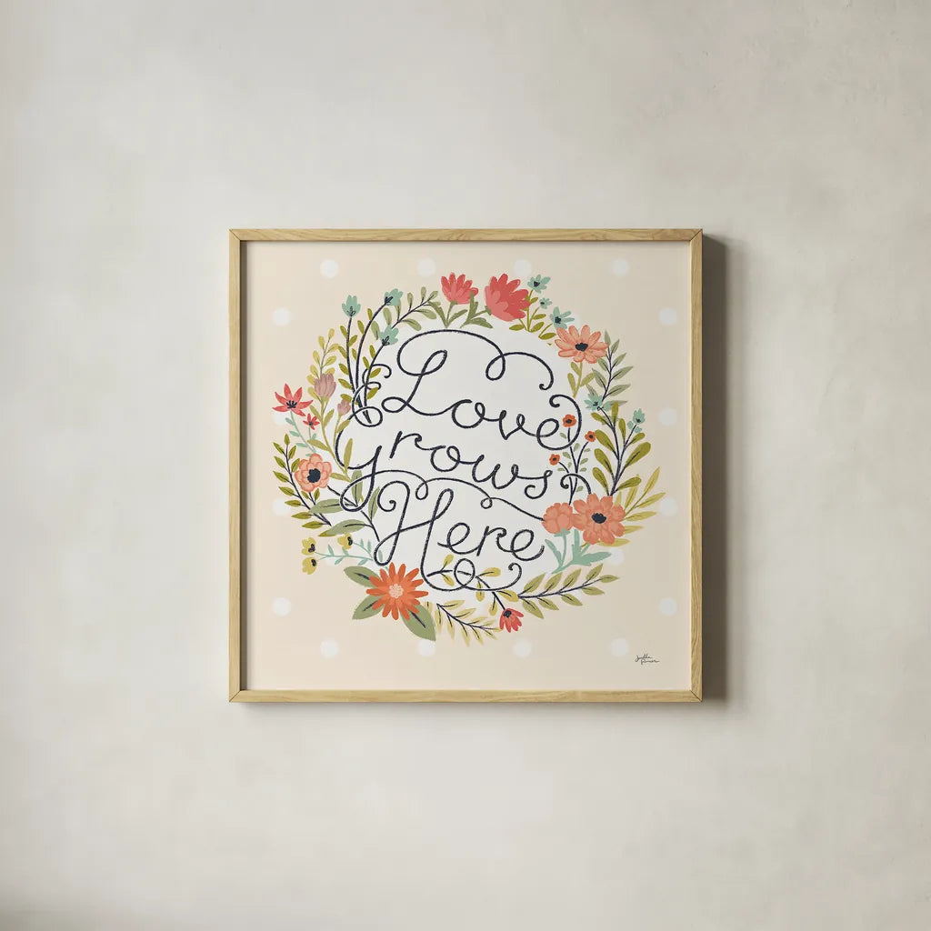 Retro Garden III by Janelle Penner. Shown in a natural wood glass frame for a timeless modern aesthetic. Available as an archival giclee rolled canvas, fine art paper, or poster print. SKU 34951a.