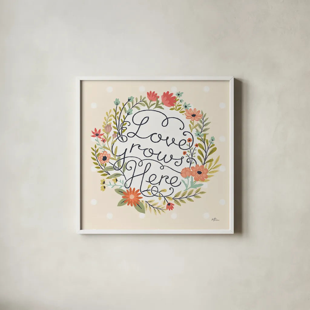 Retro Garden III by Janelle Penner. Shown in a crisp white glass frame for a clean and minimalist style. Available as an archival giclee rolled canvas, fine art paper, or poster print. SKU 34951a.