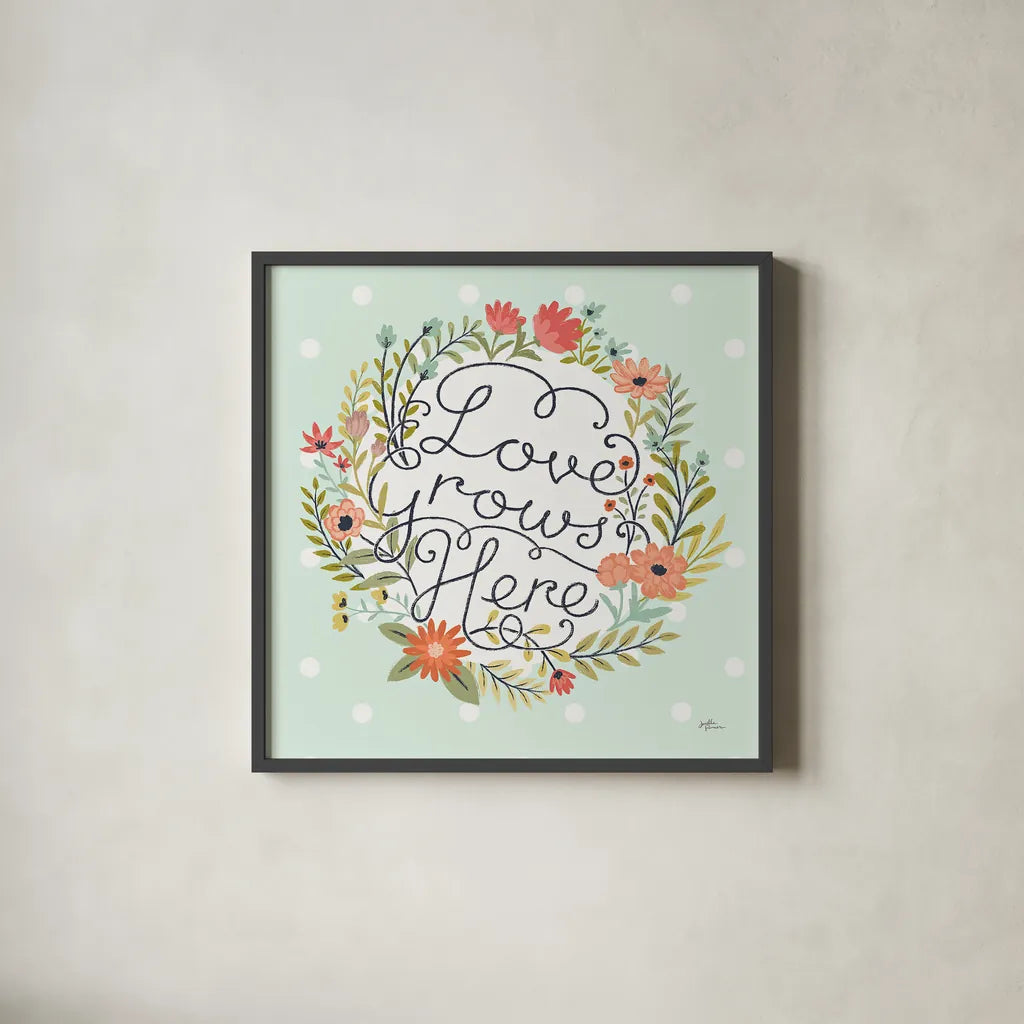 Retro Garden III Mint by Janelle Penner. Shown in a sleek black glass frame for a contemporary gallery look. Available as an archival giclee rolled canvas, fine art paper, or poster print. SKU 34956a.