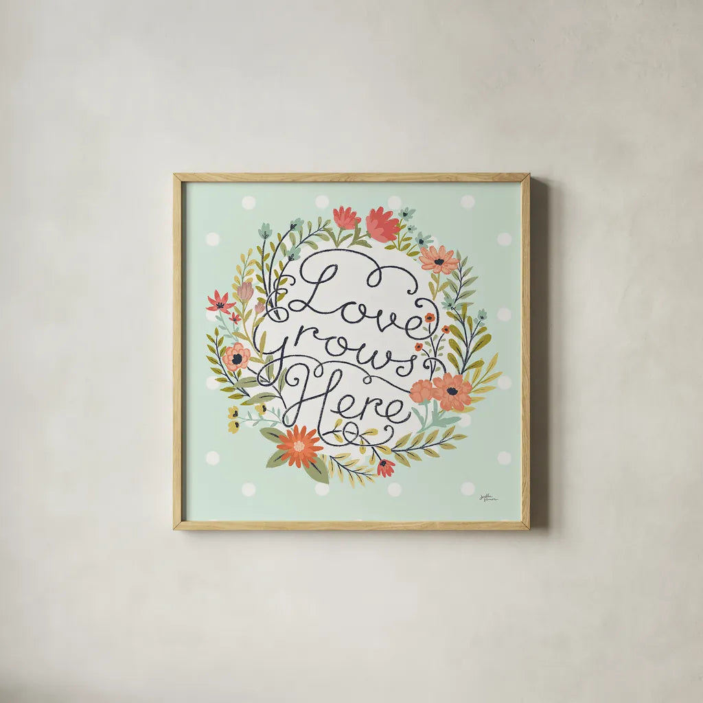 Retro Garden III Mint by Janelle Penner. Shown in a natural wood glass frame for a timeless modern aesthetic. Available as an archival giclee rolled canvas, fine art paper, or poster print. SKU 34956a.