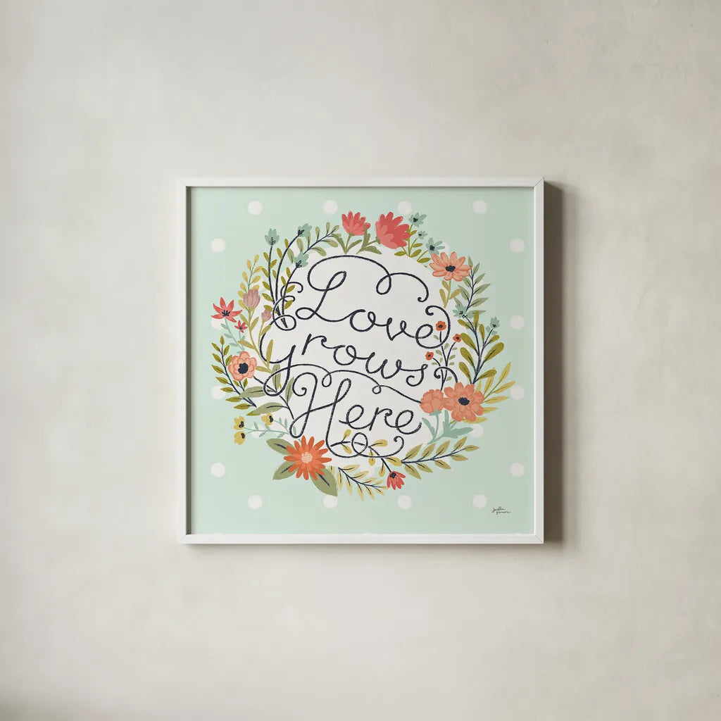 Retro Garden III Mint by Janelle Penner. Shown in a crisp white glass frame for a clean and minimalist style. Available as an archival giclee rolled canvas, fine art paper, or poster print. SKU 34956a.