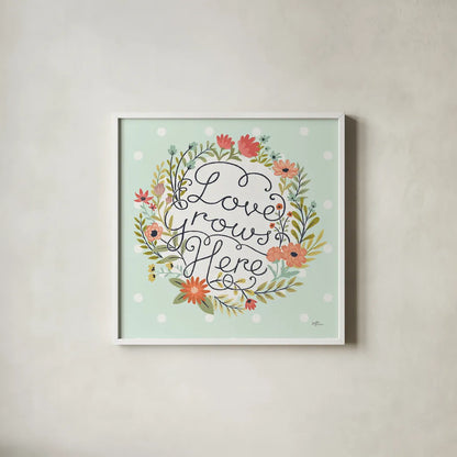 Retro Garden III Mint by Janelle Penner. Shown in a crisp white glass frame for a clean and minimalist style. Available as an archival giclee rolled canvas, fine art paper, or poster print. SKU 34956a.