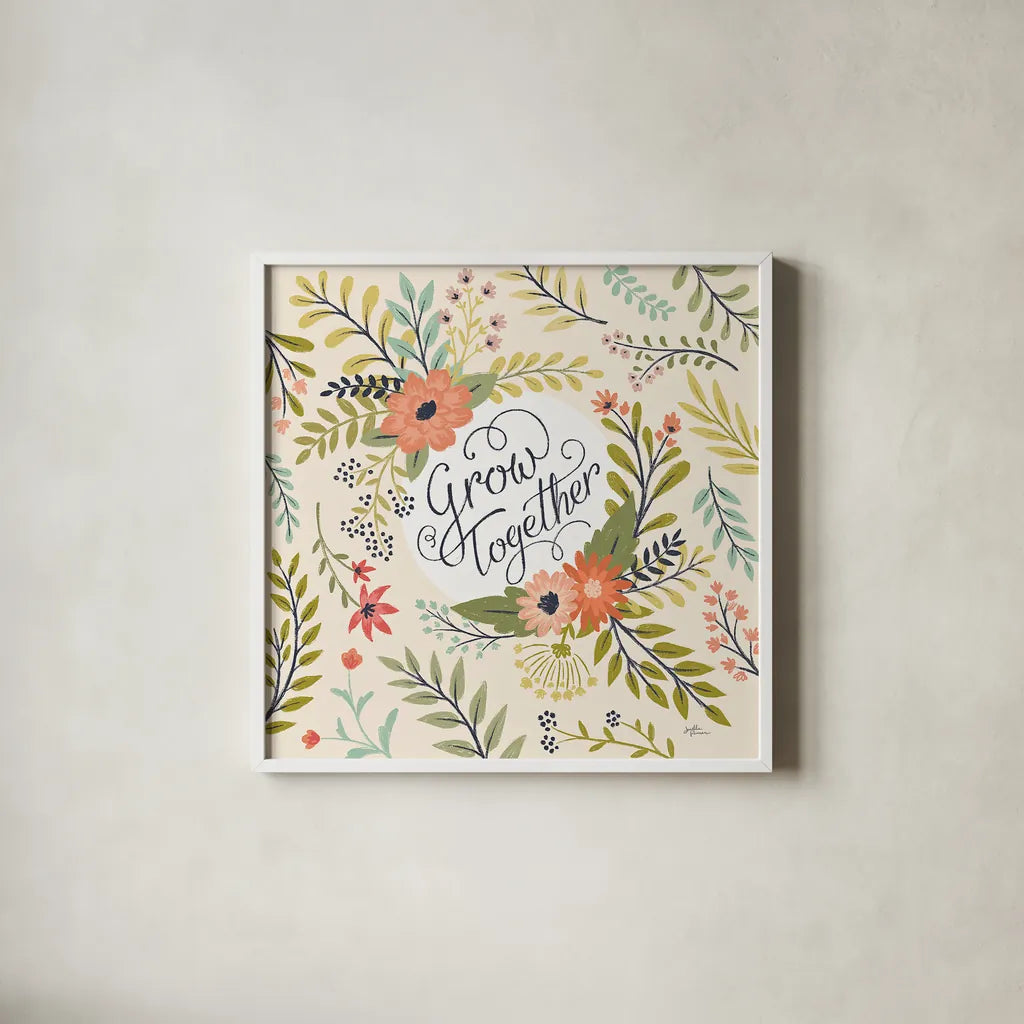 Retro Garden V by Janelle Penner. Shown in a crisp white glass frame for a clean and minimalist style. Available as an archival giclee rolled canvas, fine art paper, or poster print. SKU 34953a.