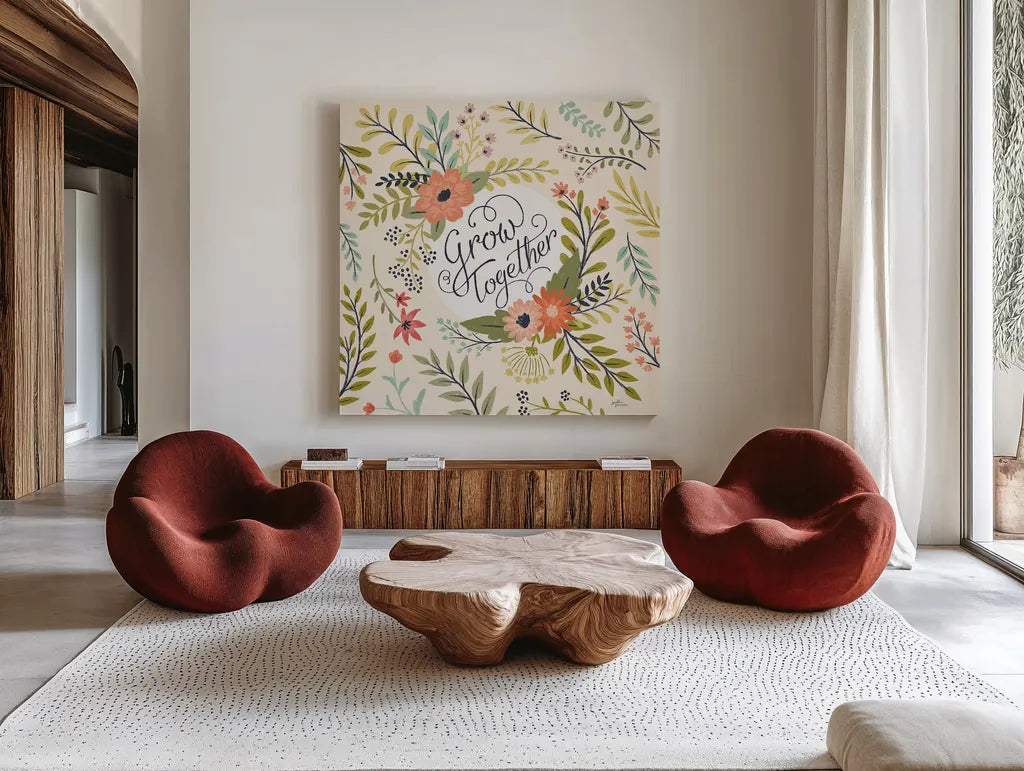 Retro Garden V by Janelle Penner. Shown as extra-large giant wall art in a modern living room. Available as an archival giclee rolled canvas, fine art paper, or poster print. SKU 34953a.