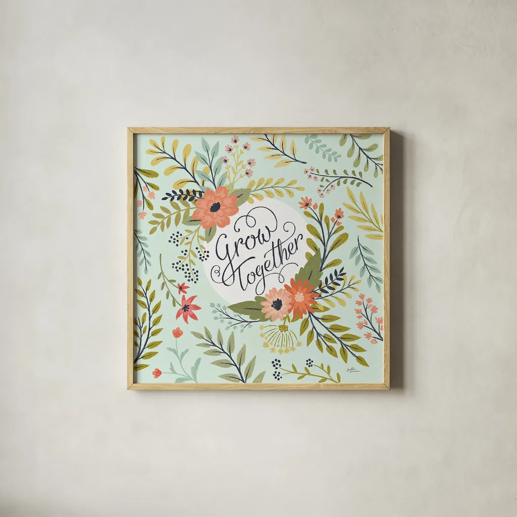 Retro Garden V Mint by Janelle Penner. Shown in a natural wood glass frame for a timeless modern aesthetic. Available as an archival giclee rolled canvas, fine art paper, or poster print. SKU 34958a.