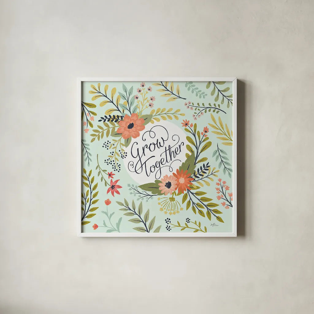 Retro Garden V Mint by Janelle Penner. Shown in a crisp white glass frame for a clean and minimalist style. Available as an archival giclee rolled canvas, fine art paper, or poster print. SKU 34958a.