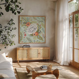 Retro Garden V Mint by Janelle Penner. Shown in a natural wood frame in a cozy modern living room. Available as an archival giclee rolled canvas, fine art paper, or poster print. SKU 34958a.