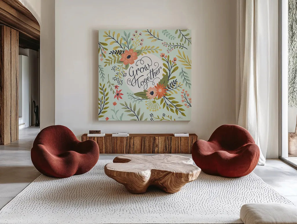 Retro Garden V Mint by Janelle Penner. Shown as extra-large giant wall art in a modern living room. Available as an archival giclee rolled canvas, fine art paper, or poster print. SKU 34958a.
