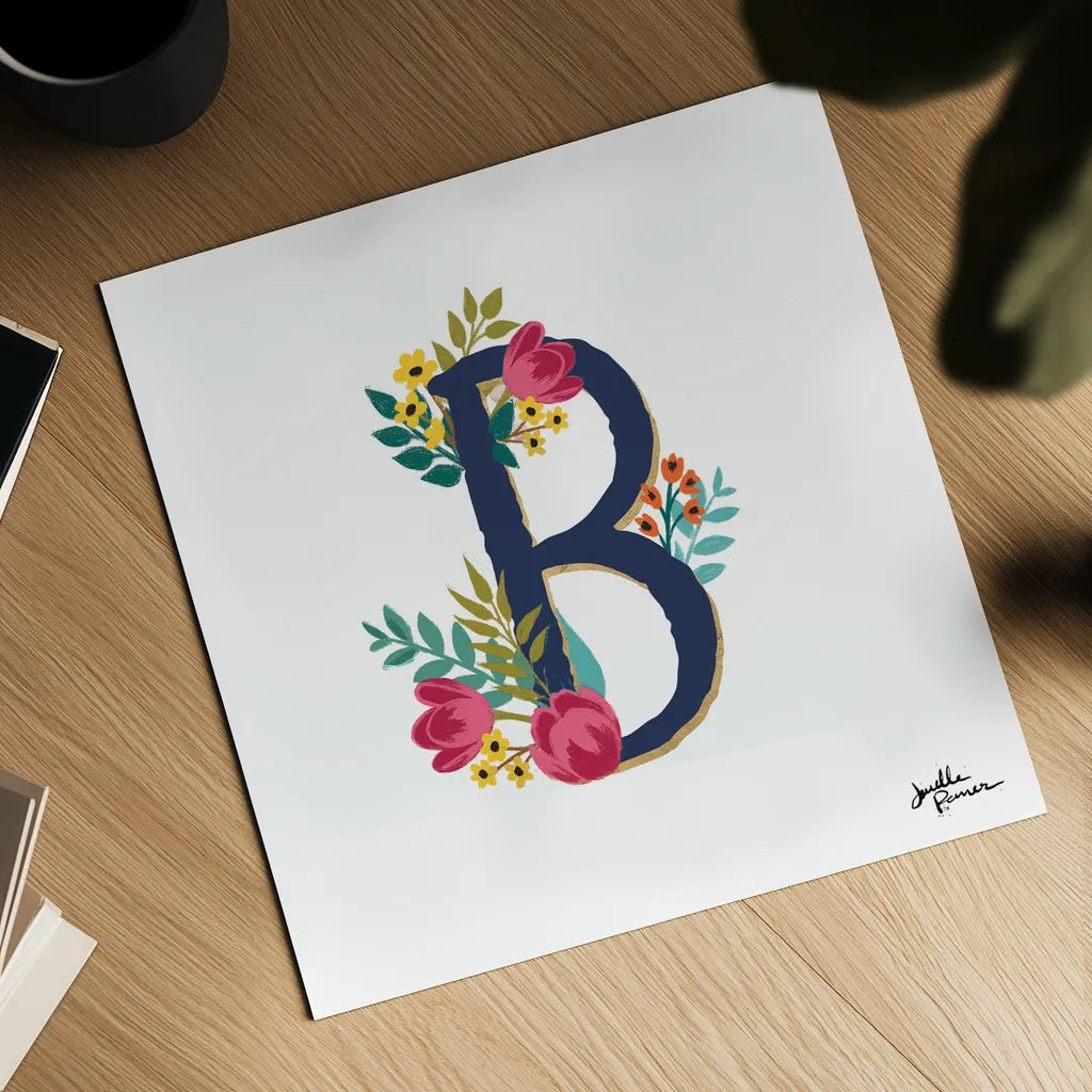 Romantic Luxe B Navy by Janelle Penner. Shown as a detailed flat fine art print, highlighting archival giclee quality. Available as an archival giclee rolled canvas, fine art paper, or poster print. SKU 74235a.