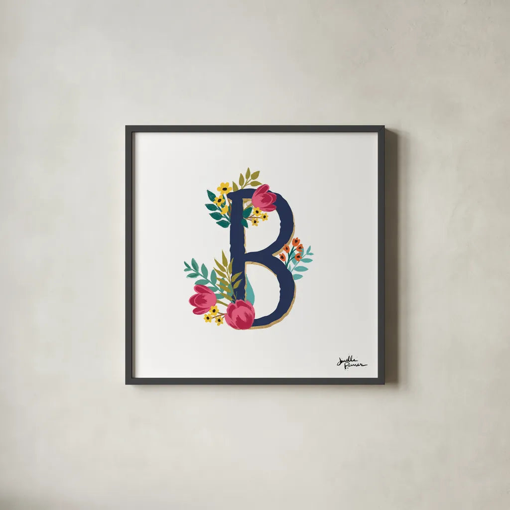 Romantic Luxe B Navy by Janelle Penner. Shown in a sleek black glass frame for a contemporary gallery look. Available as an archival giclee rolled canvas, fine art paper, or poster print. SKU 74235a.