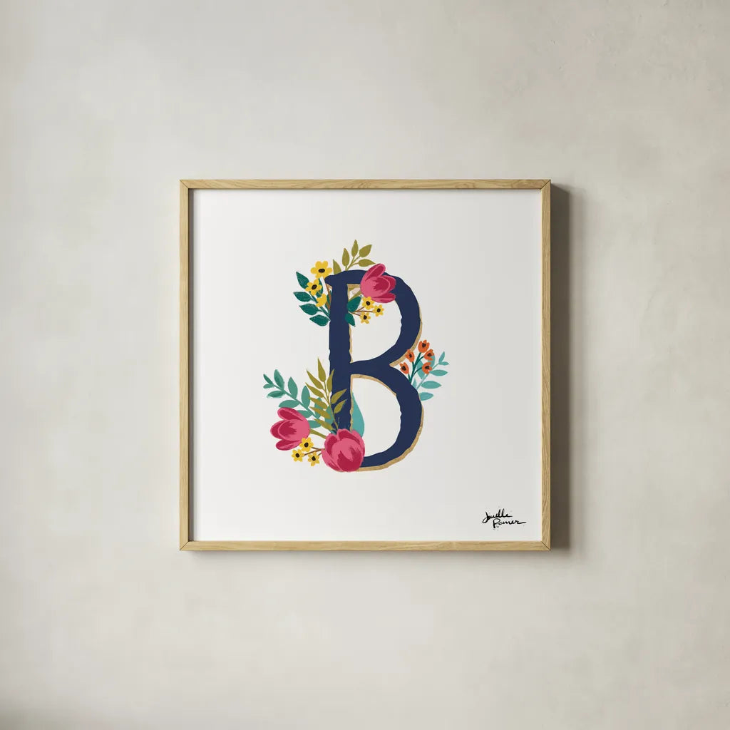 Romantic Luxe B Navy by Janelle Penner. Shown in a natural wood glass frame for a timeless modern aesthetic. Available as an archival giclee rolled canvas, fine art paper, or poster print. SKU 74235a.