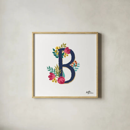 Romantic Luxe B Navy by Janelle Penner. Shown in a natural wood glass frame for a timeless modern aesthetic. Available as an archival giclee rolled canvas, fine art paper, or poster print. SKU 74235a.