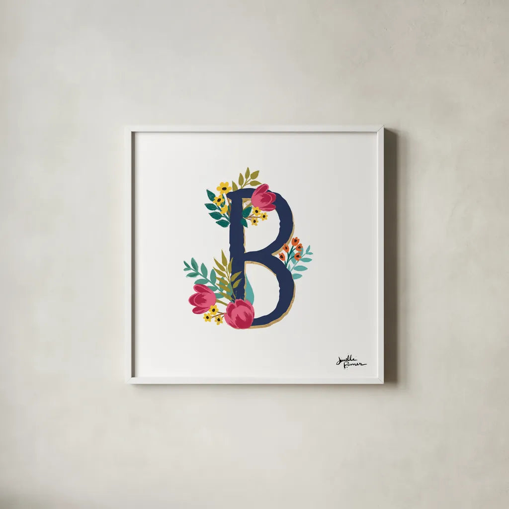 Romantic Luxe B Navy by Janelle Penner. Shown in a crisp white glass frame for a clean and minimalist style. Available as an archival giclee rolled canvas, fine art paper, or poster print. SKU 74235a.