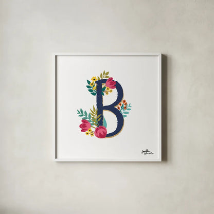 Romantic Luxe B Navy by Janelle Penner. Shown in a crisp white glass frame for a clean and minimalist style. Available as an archival giclee rolled canvas, fine art paper, or poster print. SKU 74235a.