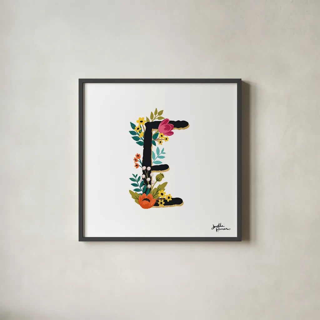 Romantic Luxe E Black by Janelle Penner. Shown in a sleek black glass frame for a contemporary gallery look. Available as an archival giclee rolled canvas, fine art paper, or poster print. SKU 48477a.