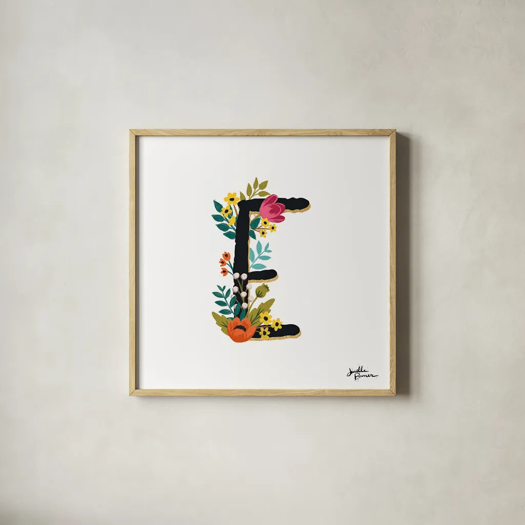 Romantic Luxe E Black by Janelle Penner. Shown in a natural wood glass frame for a timeless modern aesthetic. Available as an archival giclee rolled canvas, fine art paper, or poster print. SKU 48477a.