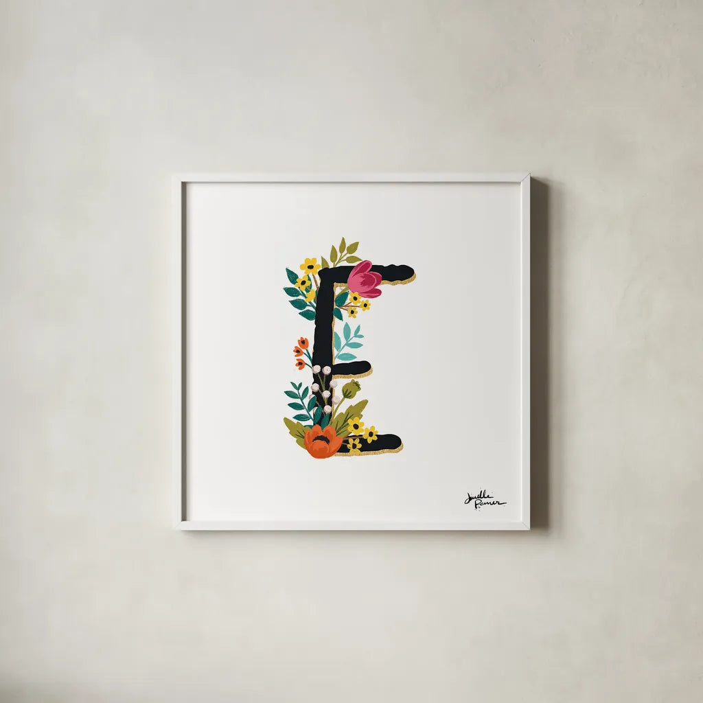 Romantic Luxe E Black by Janelle Penner. Shown in a crisp white glass frame for a clean and minimalist style. Available as an archival giclee rolled canvas, fine art paper, or poster print. SKU 48477a.