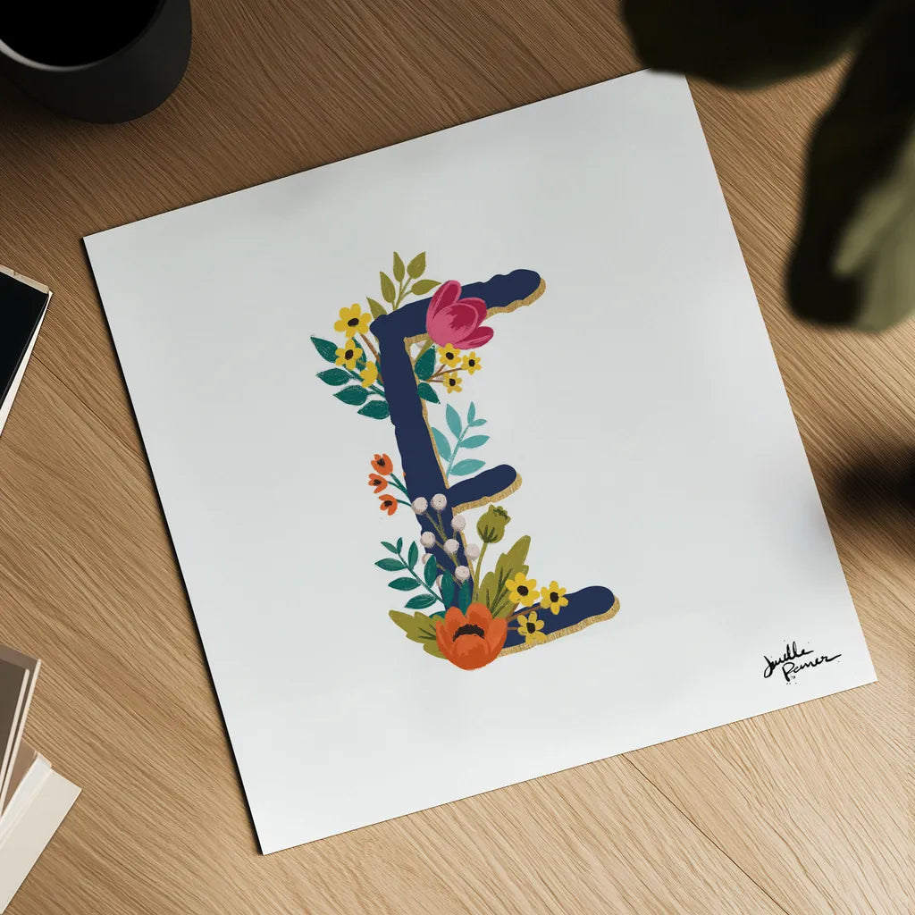 Romantic Luxe E Navy by Janelle Penner. Shown as a detailed flat fine art print, highlighting archival giclee quality. Available as an archival giclee rolled canvas, fine art paper, or poster print. SKU 48599a.