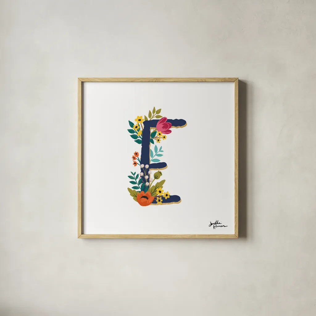 Romantic Luxe E Navy by Janelle Penner. Shown in a natural wood glass frame for a timeless modern aesthetic. Available as an archival giclee rolled canvas, fine art paper, or poster print. SKU 48599a.