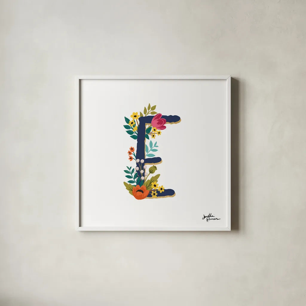 Romantic Luxe E Navy by Janelle Penner. Shown in a crisp white glass frame for a clean and minimalist style. Available as an archival giclee rolled canvas, fine art paper, or poster print. SKU 48599a.