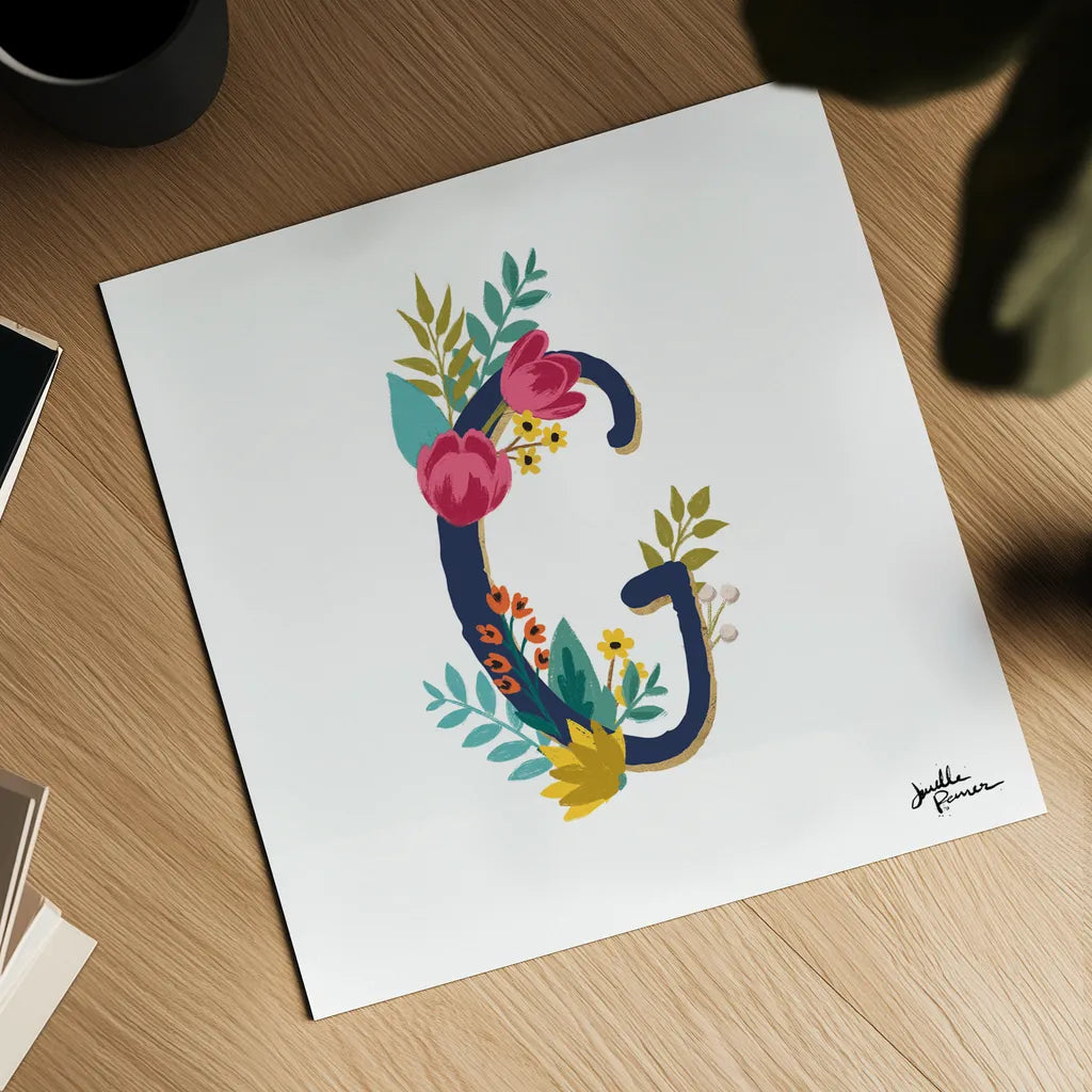 Romantic Luxe G Navy by Janelle Penner. Shown as a detailed flat fine art print, highlighting archival giclee quality. Available as an archival giclee rolled canvas, fine art paper, or poster print. SKU 74236a.