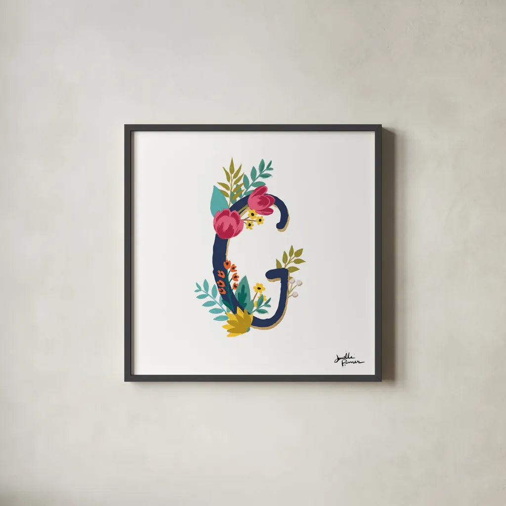 Romantic Luxe G Navy by Janelle Penner. Shown in a sleek black glass frame for a contemporary gallery look. Available as an archival giclee rolled canvas, fine art paper, or poster print. SKU 74236a.