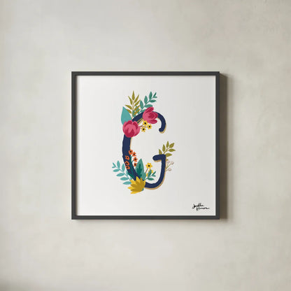 Romantic Luxe G Navy by Janelle Penner. Shown in a sleek black glass frame for a contemporary gallery look. Available as an archival giclee rolled canvas, fine art paper, or poster print. SKU 74236a.