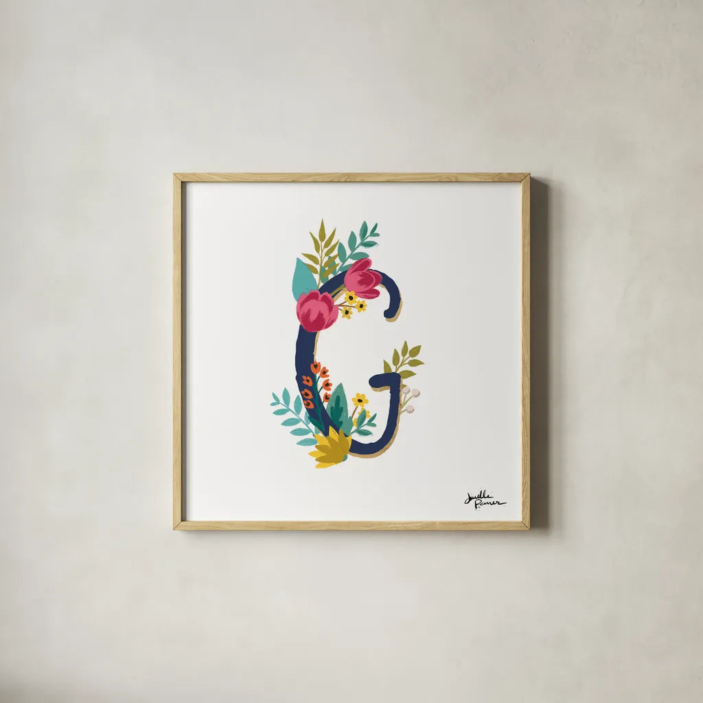 Romantic Luxe G Navy by Janelle Penner. Shown in a natural wood glass frame for a timeless modern aesthetic. Available as an archival giclee rolled canvas, fine art paper, or poster print. SKU 74236a.